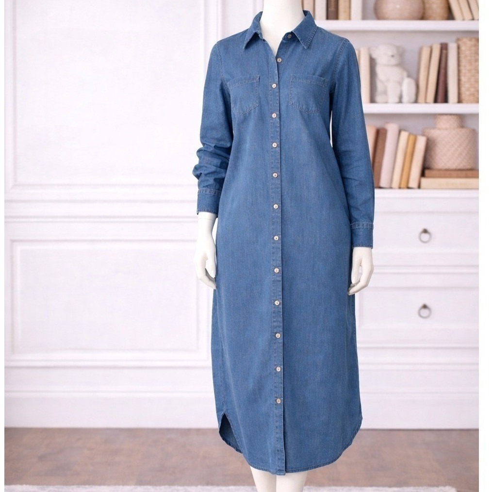 Belle By Kim Gravel Xs Stretch Denim Long Shirt Dress Rinse Wash Button Front